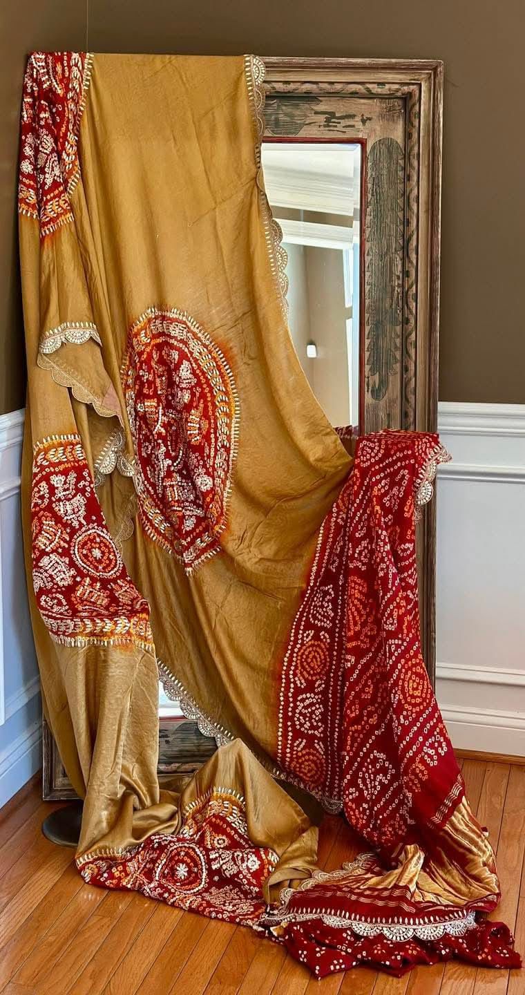 Royal Mustard & Crimson Bandhani Gajji Silk Saree with Hand Gota & Kardana Work by JaipurHutz