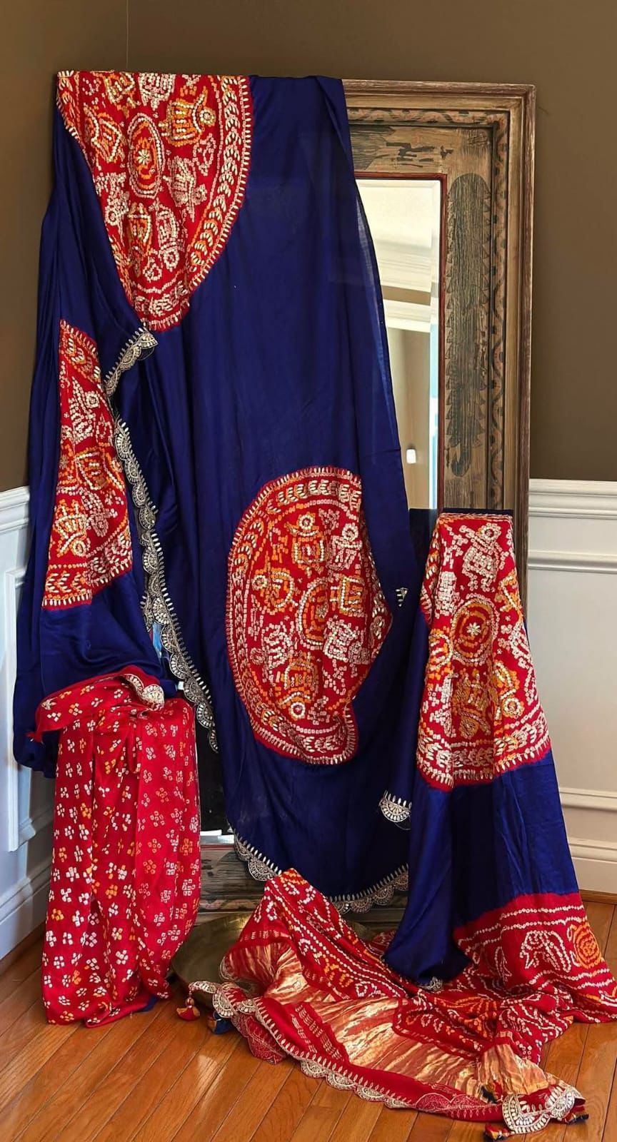 Royal Blue & Crimson Bandhani Gajji Silk Saree with Hand Gota & Kardana Work by JaipurHutz