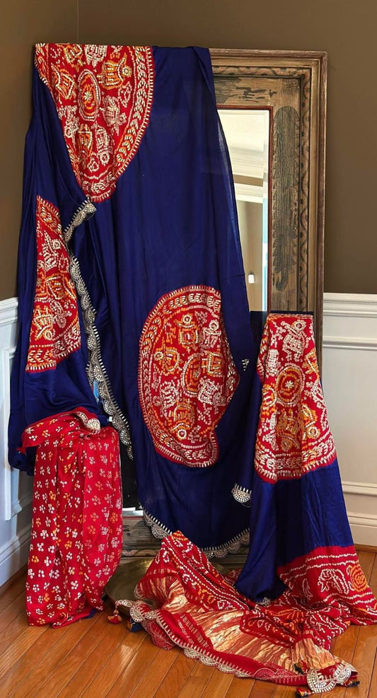 Royal Blue & Crimson Bandhani Gajji Silk Saree with Hand Gota & Kardana Work by JaipurHutz