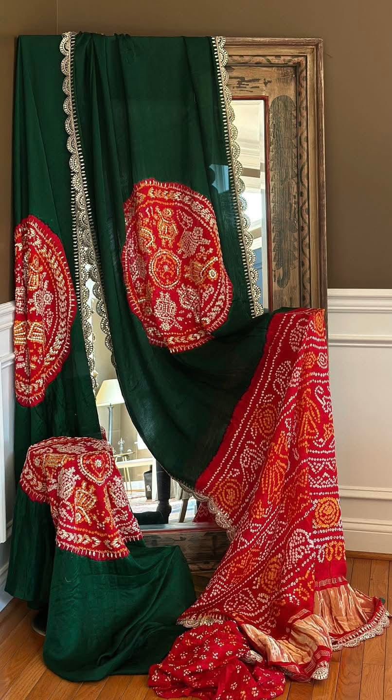 Pure Gajji Silk Gota & Kardana Work Saree in Deep Green and Crimson by JaipurHutz