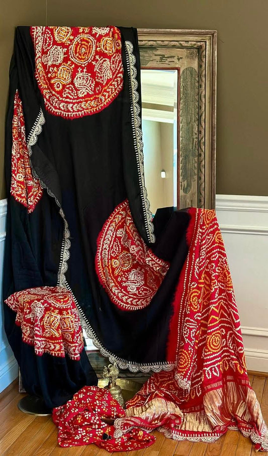 Pure Gajji Silk Gota & Kardana Work Saree in Midnight Black and Crimson