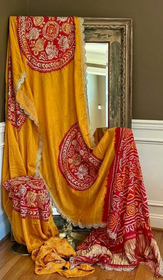 Pure Gajji Silk Gota & Kardana Work Saree in Vibrant Yellow and Crimson by Jaipur Hutz