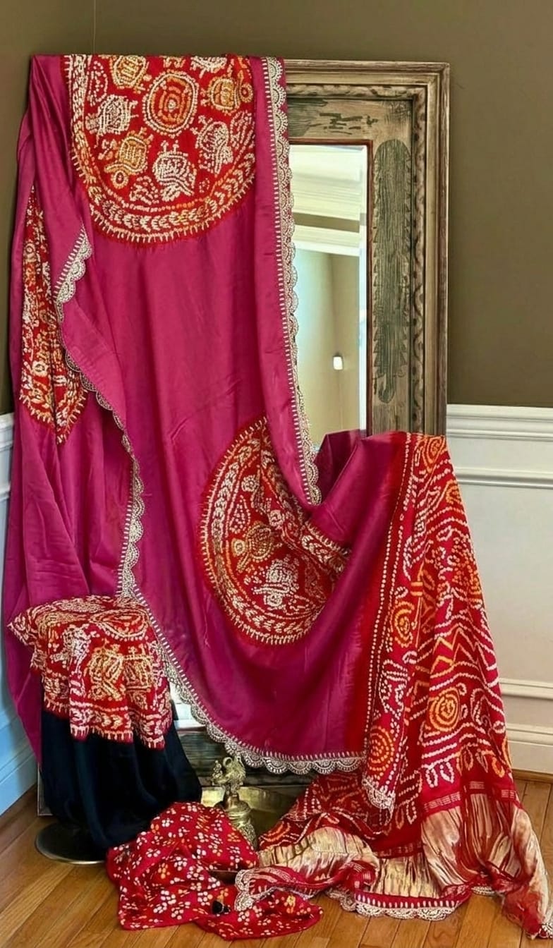 Pure Gajji Silk Gota & Kardana Work Saree in Rani Pink and Crimson by JaipurHutz
