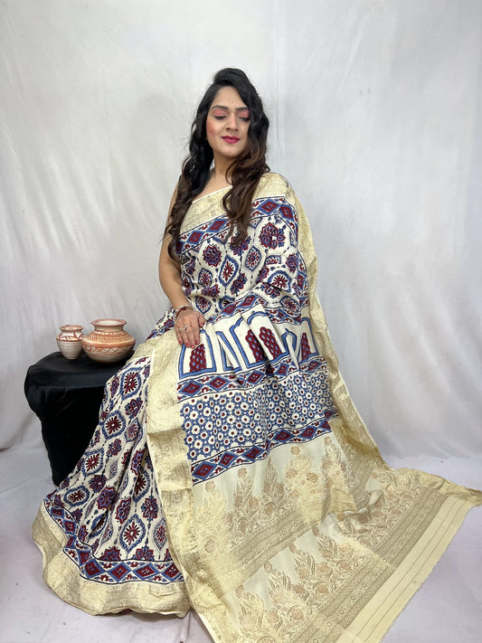 Pure Dola Silk Ajarakh Print Sarees