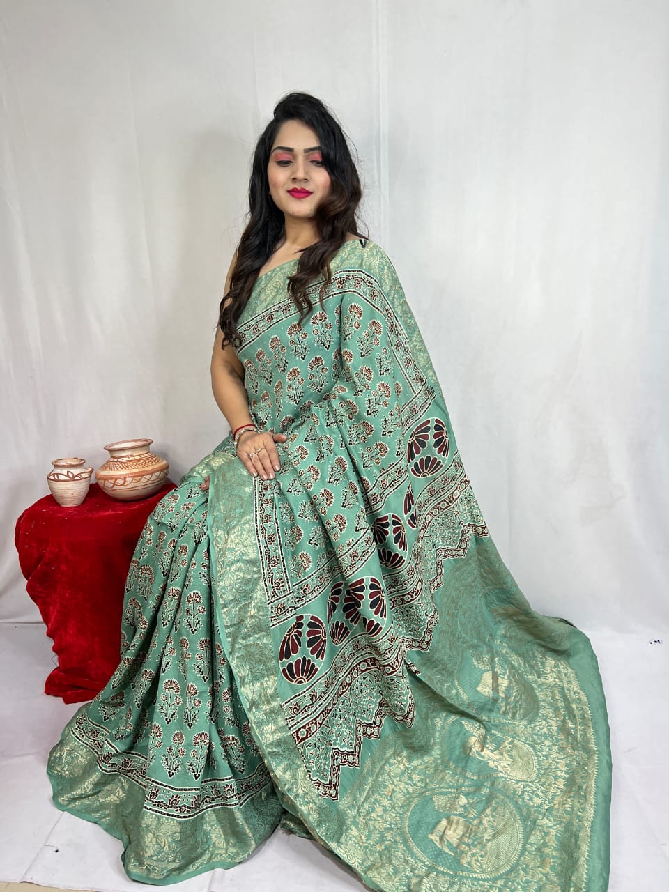 Pure Dola Silk Ajarakh Print Sarees