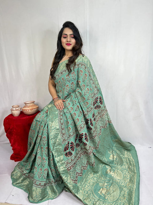 Pure Dola Silk Ajarakh Print Sarees