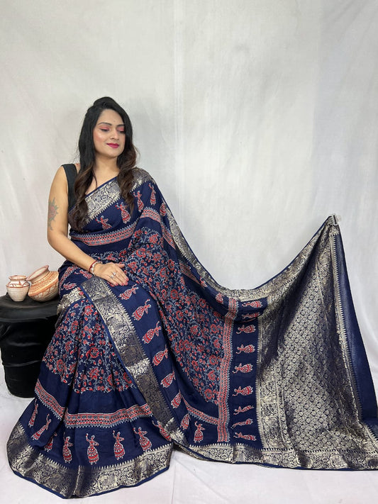 Pure Dola Silk Ajarakh Print Sarees