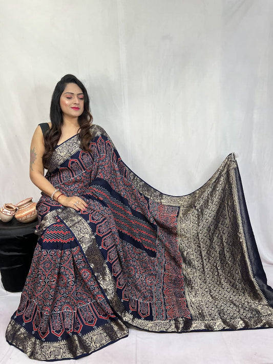 Pure Dola Silk Ajarakh Print Sarees