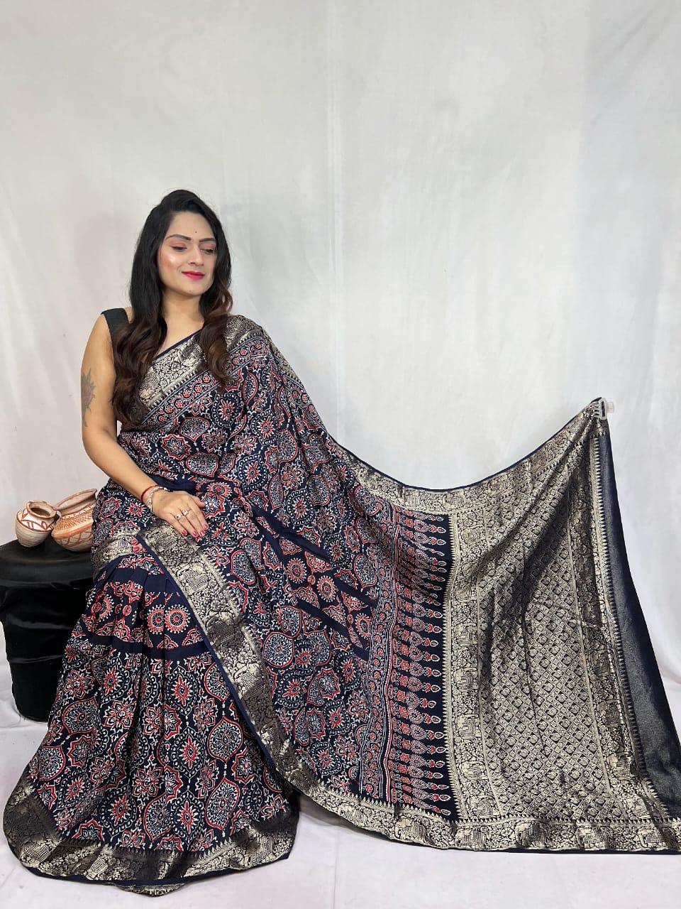 Pure Dola Silk Ajarakh Print Sarees