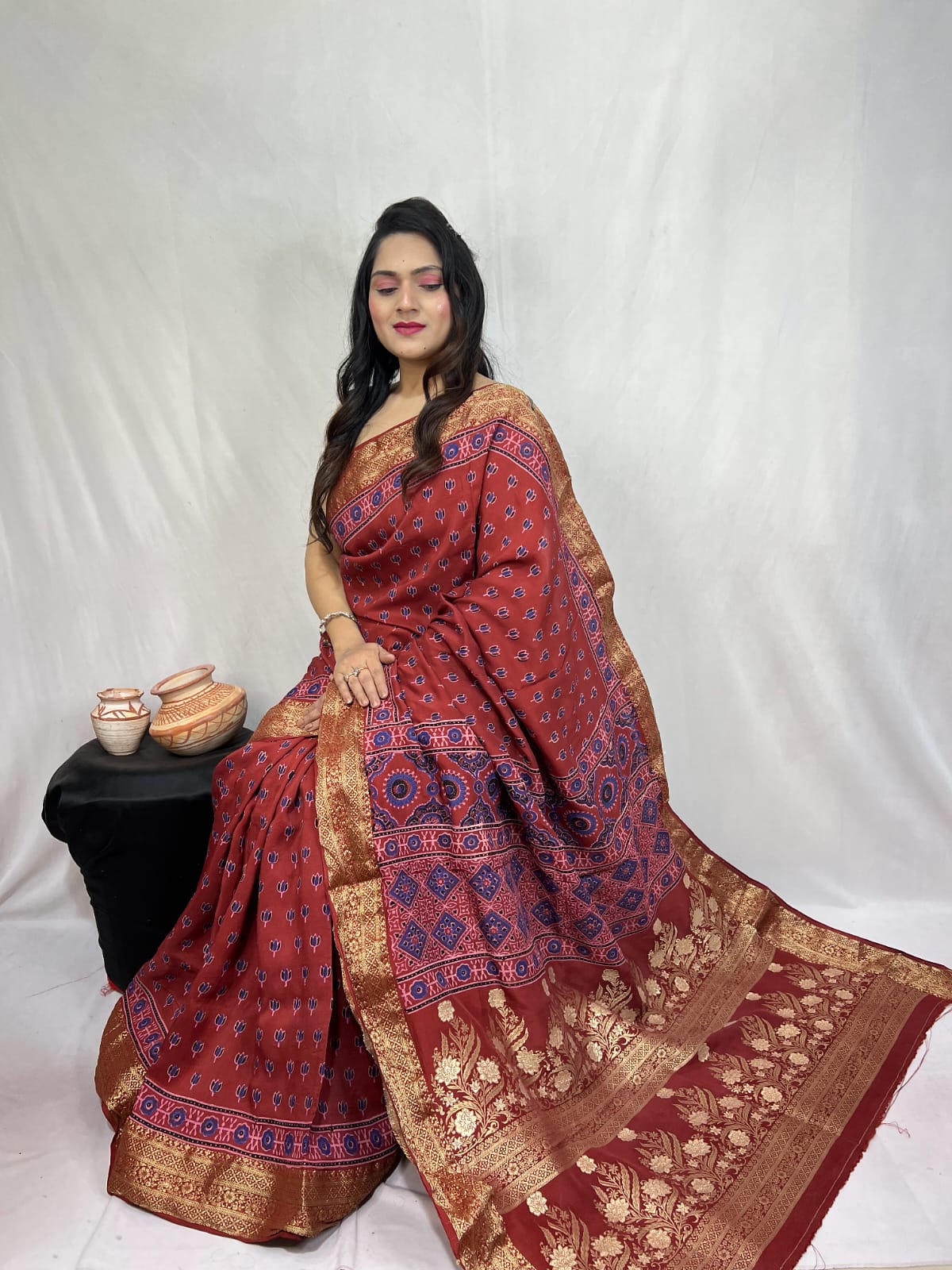 Pure Dola Silk Ajarakh Print Sarees
