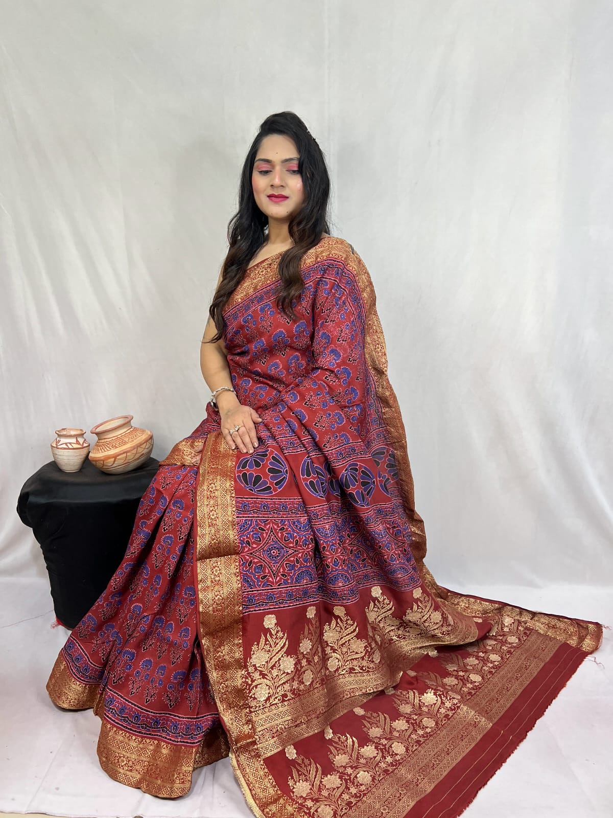 Pure Dola Silk Ajarakh Print Sarees