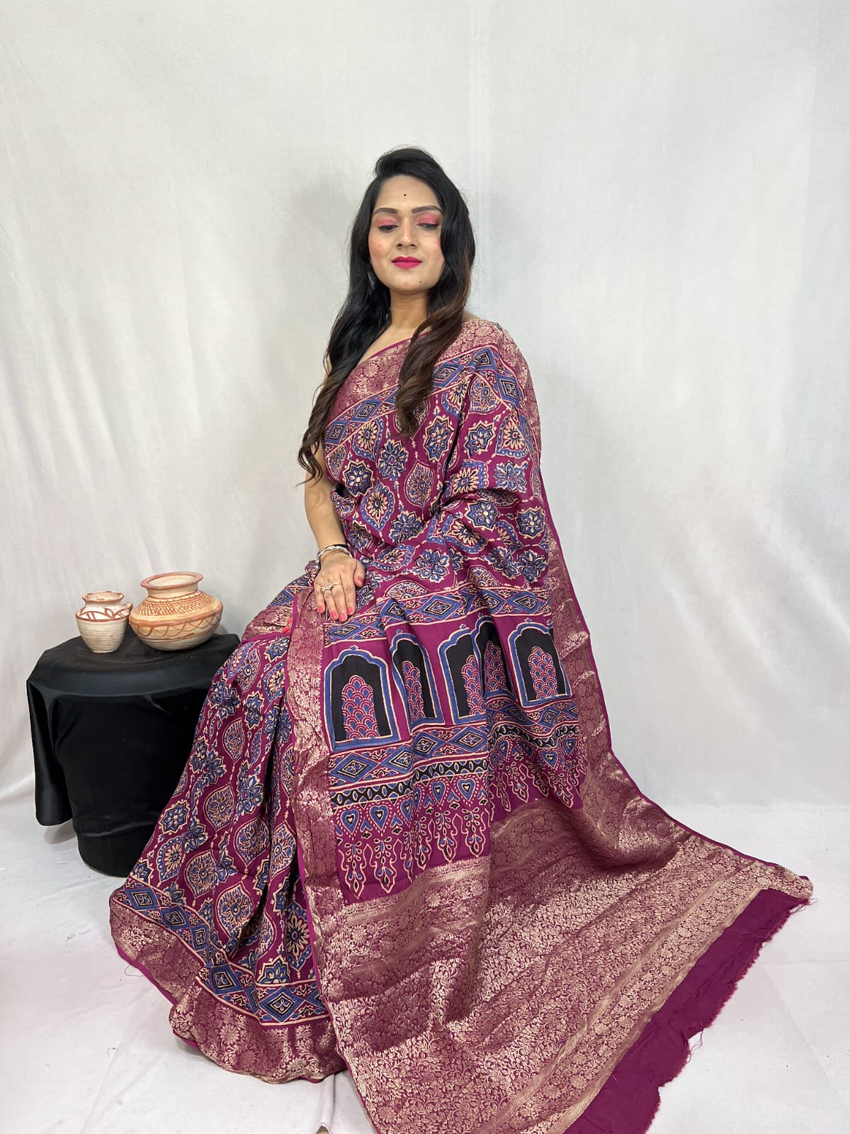 Pure Dola Silk Ajarakh Print Sarees