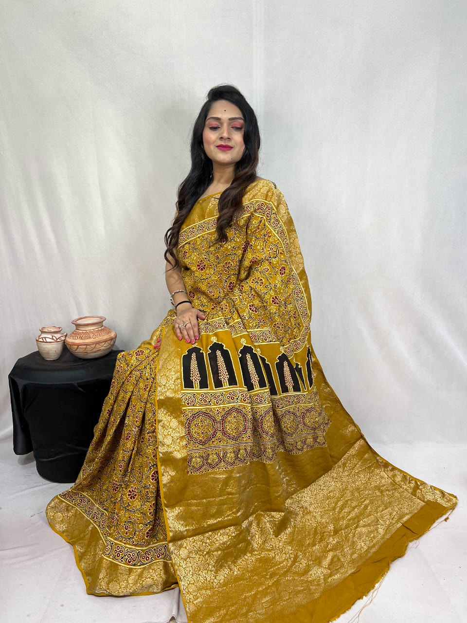 Pure Dola Silk Ajarakh Print Sarees