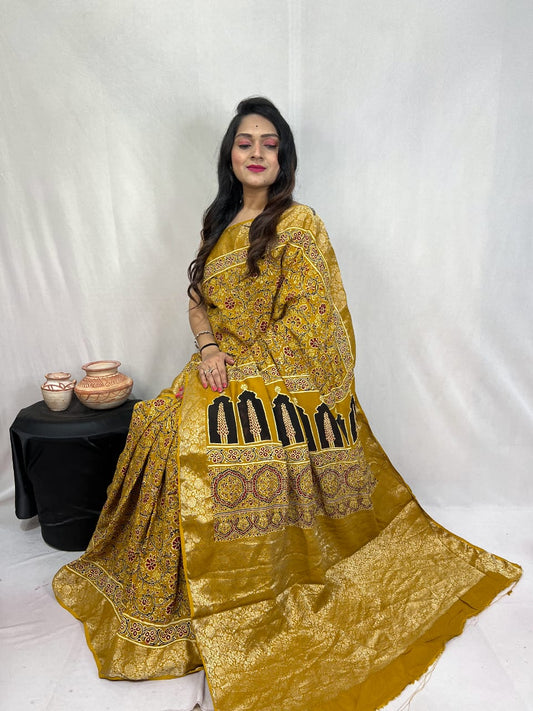 Pure Dola Silk Ajarakh Print Sarees