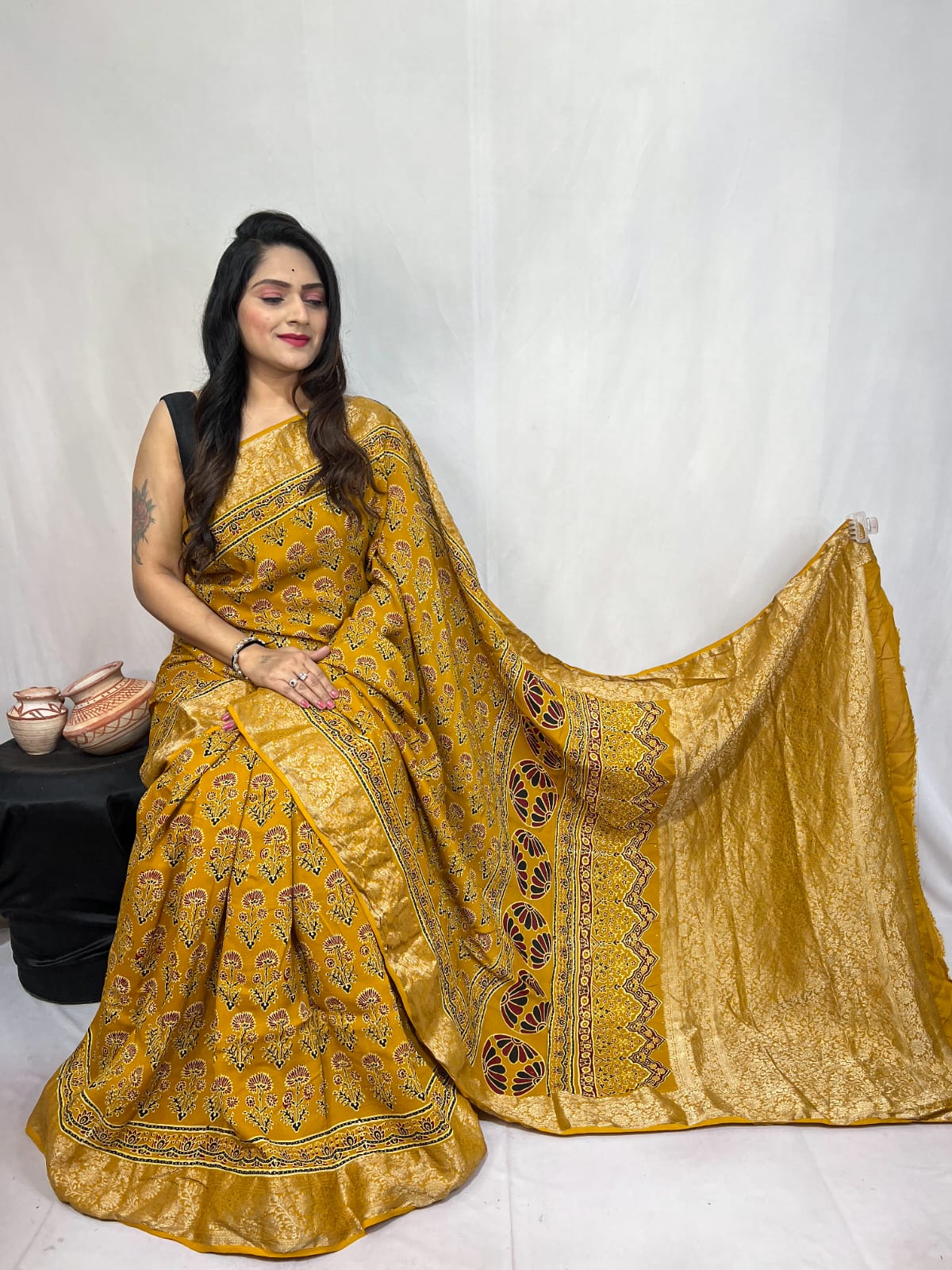 Pure Dola Silk Ajarakh Print Sarees