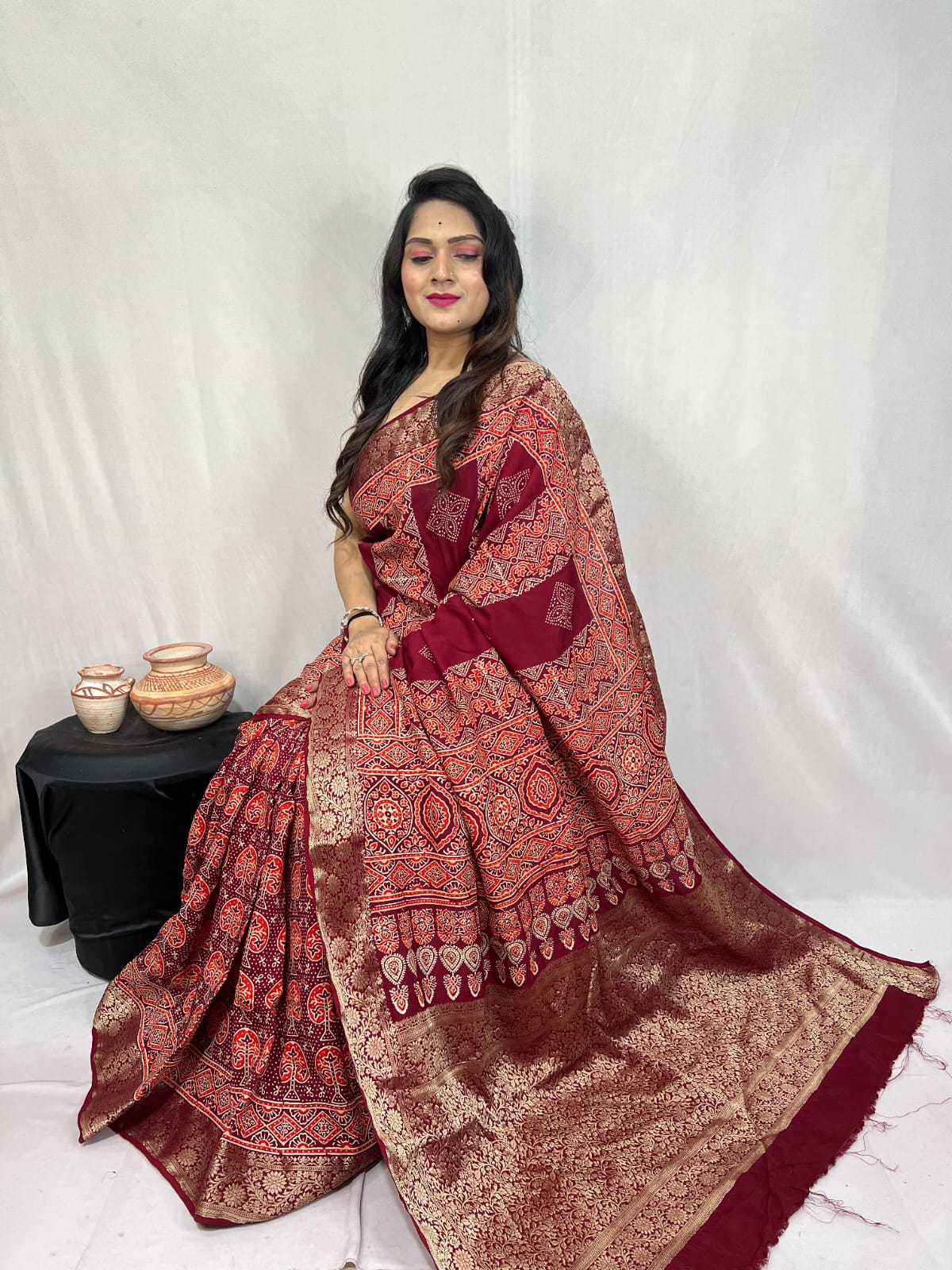 Pure Dola Silk Ajarakh Print Sarees