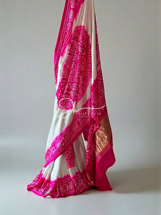 White & Rani Pink Gajji Silk Bandhani Saree with Raasmandal Border