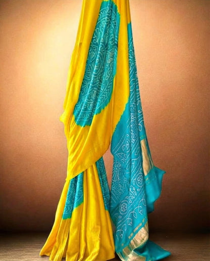 Vibrant Sunshine Yellow and Turquoise Pure Gajji Silk Bandhani Saree