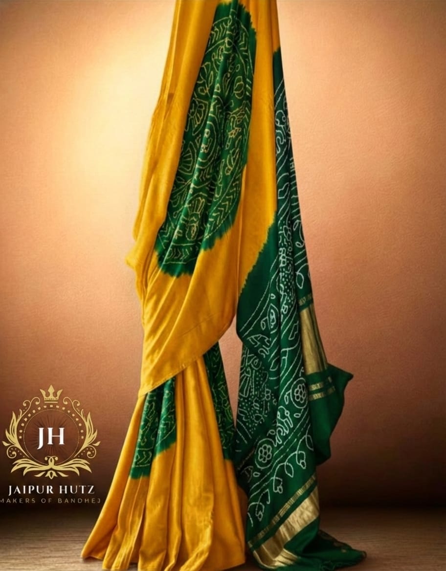 Vibrant Pure Gajji Silk Bandhani Saree in Yellow and Green