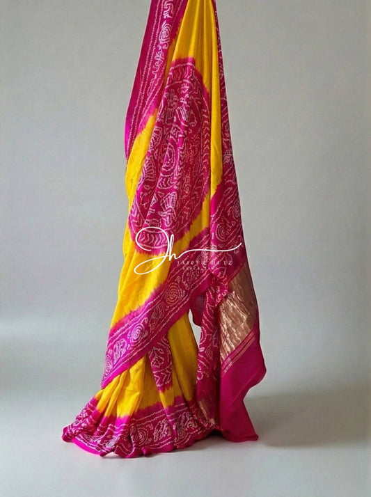 Vibrant Yellow & Rani Pink Pure Gajji Silk Rai Bandhej Saree with Rasmandal Border