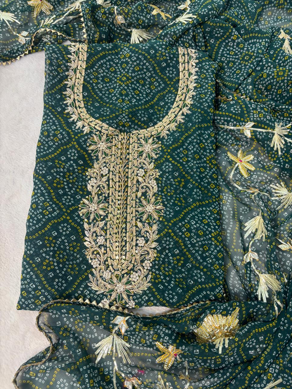 Zardosi Work 60 Gram Georgette Suit in forest green