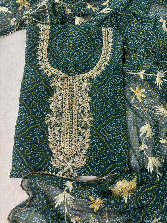 Zardosi Work 60 Gram Georgette Suit in forest green