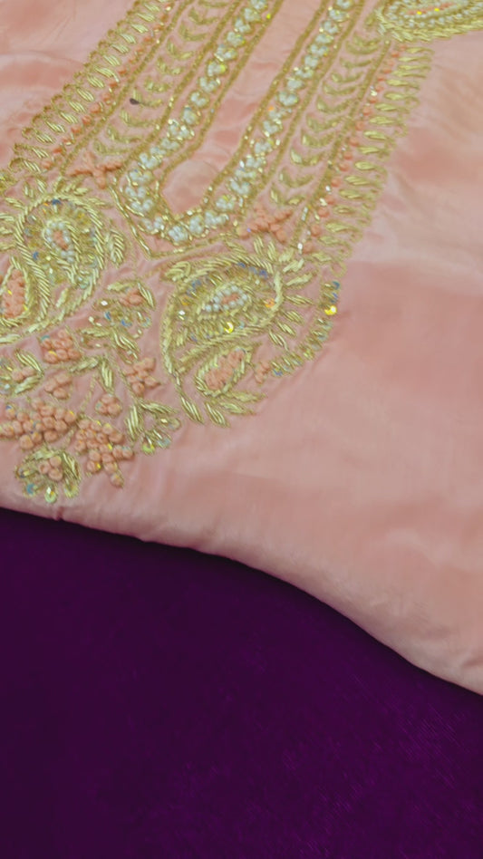 Exclusive Peach Dress Material in Crepe with Zardosi Work