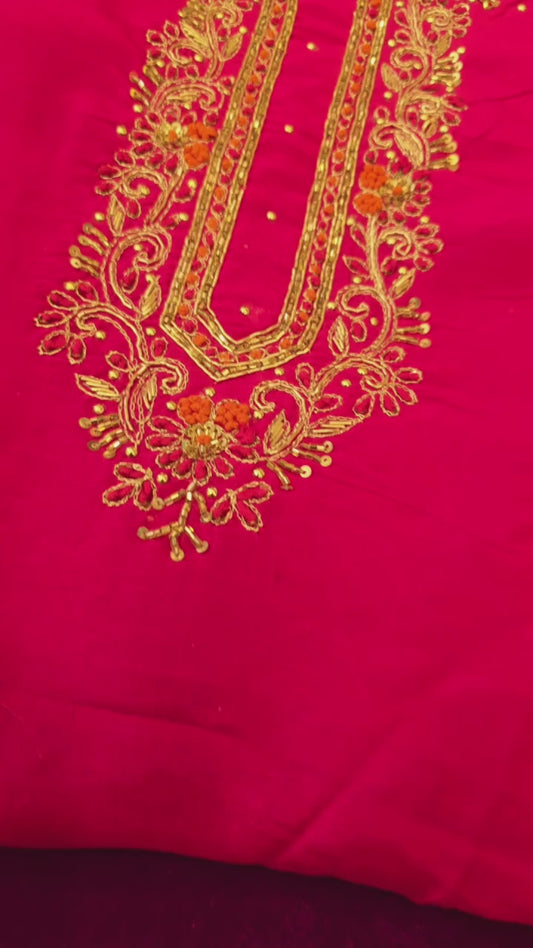 Exclusive Rani Pink Dress Material in Dola Silk with Zardosi Work