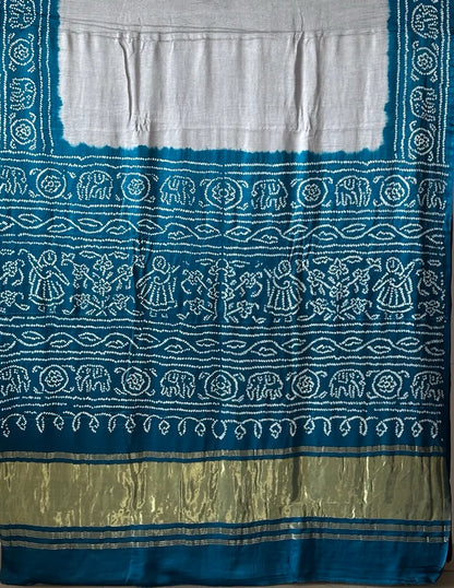 Steel Grey & Teal Blue Rasmandal Design Bandhej Saree in Gajji Silk Fabric