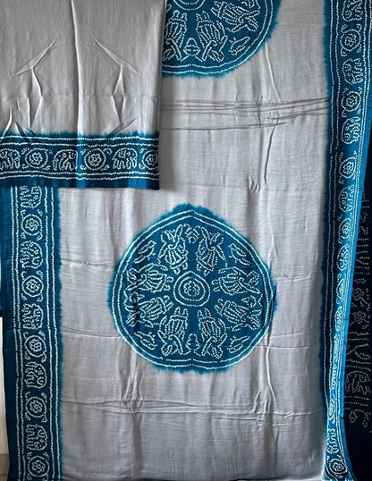 Steel Grey & Teal Blue Rasmandal Design Bandhej Saree in Gajji Silk Fabric