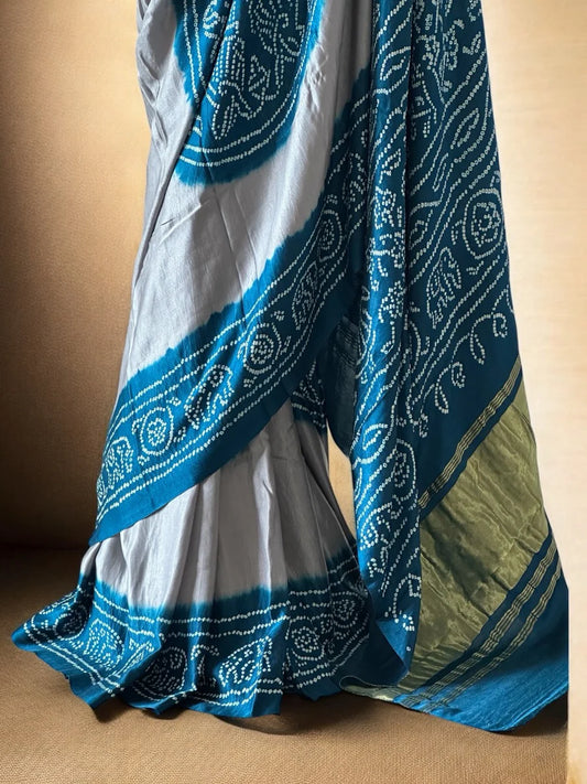 Steel Grey & Teal Blue Rasmandal Design Bandhej Saree in Gajji Silk Fabric