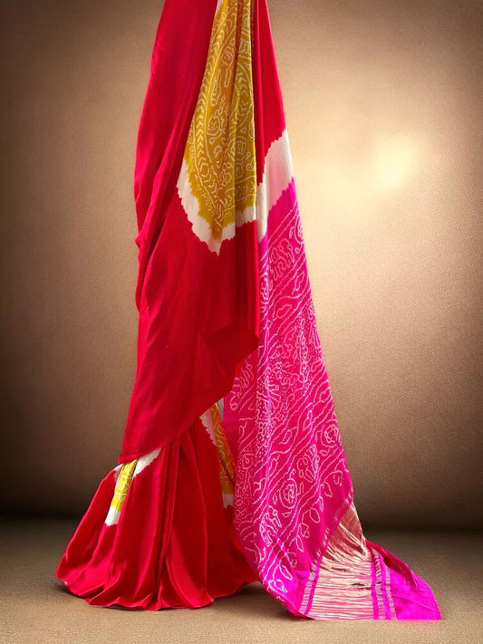 Multi-Hued Gajji Silk Fabric Bandhej Saree with Rasmandal Design